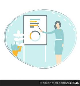 Business presentation concept . Businesswoman shows graphics. Vector illustration