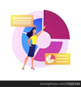 Business presentation. Data analytics, pie chart, infographics visualization. Report analyzing. Businessman character analyzing statistics. Vector isolated concept metaphor illustration. Business presentation vector concept metaphor