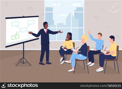 Business presentation flat color vector illustration. Corporate training for employees. Professional development. Seminar audience with tutor 2D cartoon characters with interior on background. Business presentation flat color vector illustration