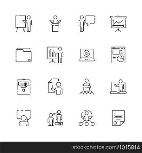 Business presentation icon. Learning managers classroom lecture conference training presentation class vector symbols. Seminar and presentation, training and education illustration. Business presentation icon. Learning managers classroom lecture conference training presentation class vector symbols