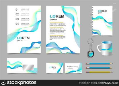 Business presentation infographic elements template set, annual report corporate vertical brochure design. Pencil, mug, keychain, flyer.