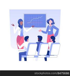 Business presentation isolated concept vector illustration. Group of worldwide business people listening colleagues presentation, international working travel, chart on screen vector concept.. Business presentation isolated concept vector illustration.