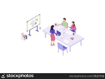 Business presentation isometric color vector illustration. Corporate meeting infographic. Annual report 3d concept. Marketing strategy research. Sales analytics. Teamwork. Webpage, mobile app design. Business presentation isometric color vector illustration
