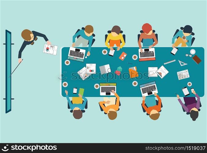 Business presentation, office, teamwork, brainstorming in flat style, conceptual vector illustration.