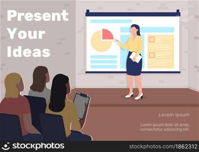 Business presentation poster flat vector template. Professional seminar. Brochure, booklet one page concept design with cartoon characters. Present your ideas flyer, leaflet with copy space. Business presentation poster flat vector template