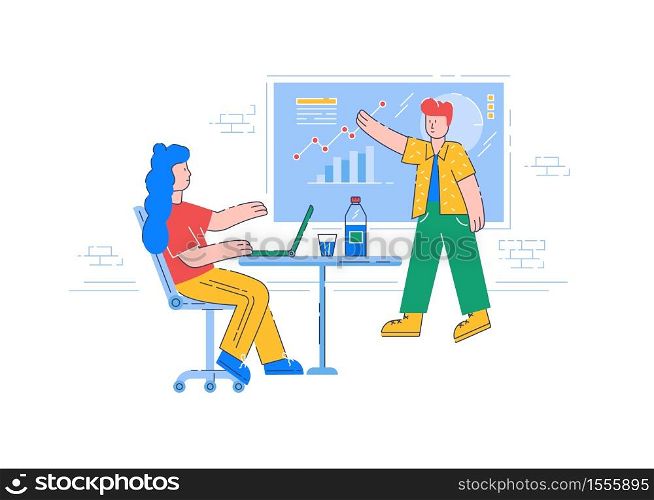 Business presentation semi flat RGB color vector illustration. Company workers, colleagues isolated cartoon characters on white background. Corporate education, financial report, strategy development. Business presentation semi flat RGB color vector illustration