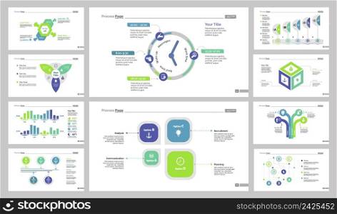 Business presentation slide design set can be used for workflow layout, annual report, web page. Management concept. Option, flower, percentage bar, timetable, process, cube, tree, labyrinth charts