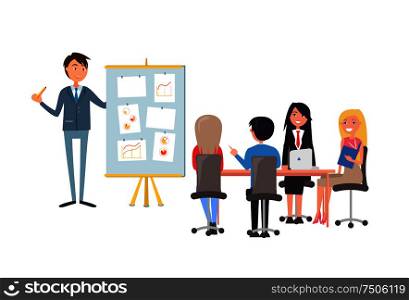 Business presentation, speaker at board with charts pointing on growing diagrams. People at meeting or briefing sitting at table and discussing issues. Business Presentation Speaker at Board with Charts