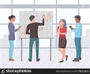 Business presentation startup ideas explanation vector, businessman with partners showing results and stats. Whiteboard with growing flowchart infochart. Presenter Explaining Information to Partner Vector