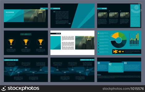 Business presentation template. Magazine pages or slideshow with abstract geometry shapes and place for text vector design. Illustration of annual presentation company, timeline and award. Business presentation template. Magazine pages or slideshow with abstract geometry shapes and place for text vector design