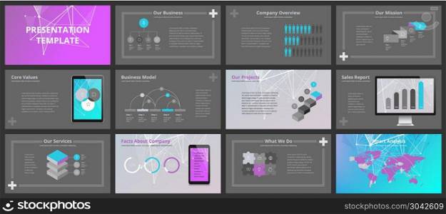 Business presentation templates. Vector infographic elements for company presentation slides, corporate annual report, marketing flyers, leaflets and brochures, banners and web design.. Business presentation templates