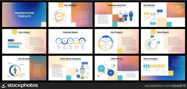 Business presentation templates. Vector infographic elements for company presentation slides, corporate annual report, marketing flyers, leaflets and brochures, banners and web design.. Business presentation templates