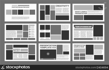 Business presentation. Web pages templates simple ui with place for text dividers buttons user containers and frames vector design project. Mock up leaflet for annual slide advertising illustration. Business presentation. Web pages templates simple ui layout with place for personal text dividers buttons user titles containers and frames garish vector design project