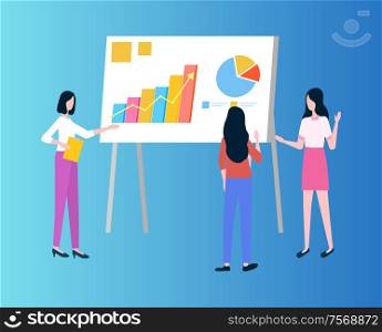 Business presentation with graphics and charts vector. Female entrepreneurs and businesswomen, statistics and analysis data on board, communication. Business Presentation with Graphics and Charts