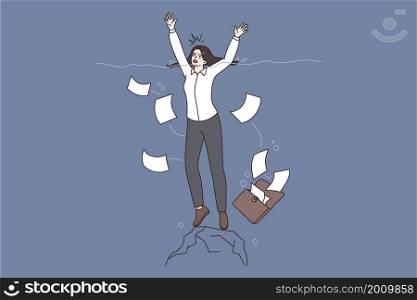 Business pressure and crisis concept. Young business woman drowning in deep waters with case and heap of papers vector illustration . Business pressure and crisis concept