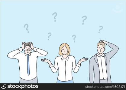 Business, problem, thinking, brainstorming set concept. Group team of confused thoughtful pensive businessmen woman asking questions searching answers and trouble solution. Collective brainstorming.. Business, problem, question, thinking, brainstorming set concept