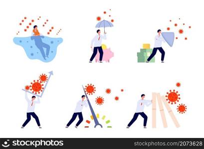 Business problems epidemic. Help company, money and financial crisis. Helping to businessman, economic collapse or utter failure vector concept. Illustration business pandemic outbreak, risk and crash. Business problems epidemic. Help company, money and financial crisis. Helping to businessman, economic collapse or utter failure vector concept