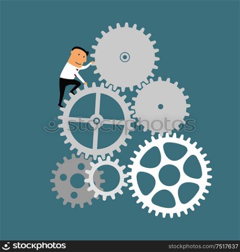 Business process and financial mechanism concept design. Businessman is turning a gear system. Cartoon style. Businessman with gear system of business mechanism