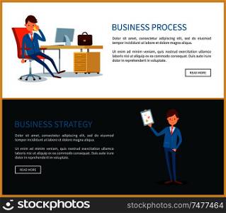 Business process and strategy, plan of businessman holding paper with data vector. Web pages with text sample, director chief executive in office. Business Process and Strategy, Plan of Businessman