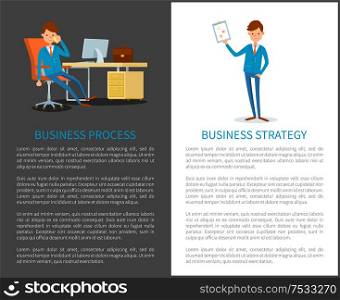 Business process and strategy, planning businessman page vector. Document paper, director in office room talking on mobile cell phone with client. Business Process Strategy, Planning Businessman