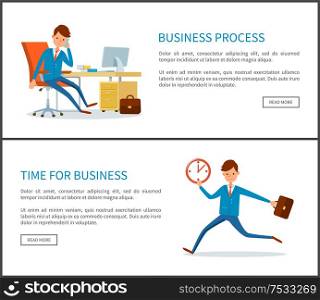 Business process and time of businessman with case and clock running vector, Web pages with text, director in office, having conference on cell phone. Business Process and Time of Businessman with Case
