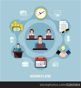 Business Process Circle Composition. Business round composition of flat time management and financial icons with faceless human characters and silhouettes vector illustration
