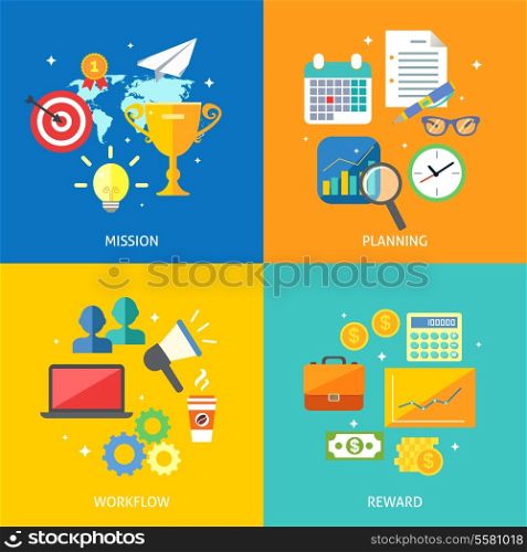 Business process concept mission planning workflow reward icons set vector illustration