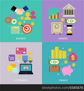 Business process concept of banking e-commerce shopping finance flat icons set vector illustration