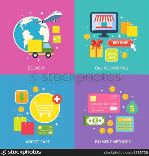 Business process concept of online internet shopping payment delivery flat icons set vector illustration