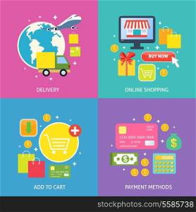Business process concept of online internet shopping payment delivery flat icons set vector illustration
