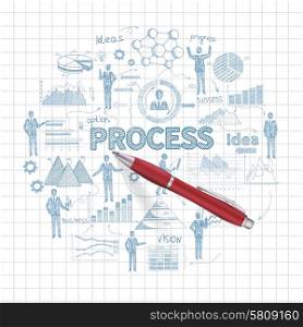 Business process concept with sketch people on squared paper background and realistic pen vector illustration. Sketch Business Concept