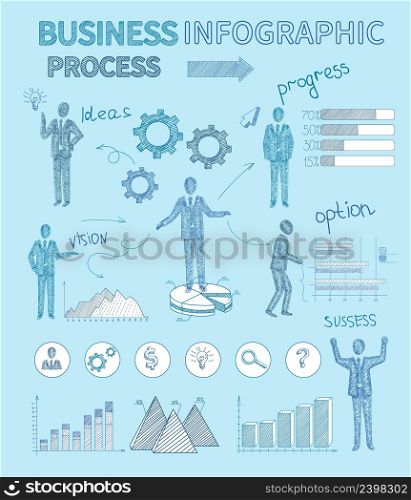 Business process infographics with sketch people and infocharts vector illustration. Sketch Business People Infographics