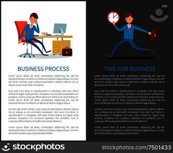 Business process time to work, businessman running with clock vector. People working in office, deal with clients on phone calls. Director and manager. Business Process and Time to Work, Businessman