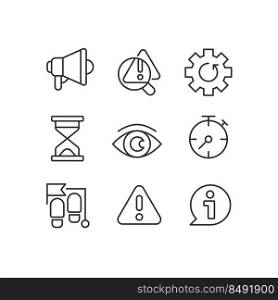 Business process timing pixel perfect linear icons set. Promotional c&aign. Problem identification. Customizable thin line symbols. Isolated vector outline illustrations. Editable stroke. Business process timing pixel perfect linear icons set