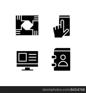 Business processes black glyph icons set on white space. Digital technology work. Cooperation and organization. Silhouette symbols. Solid pictogram pack. Vector isolated illustration. Business processes black glyph icons set on white space