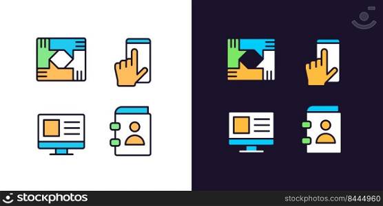 Business processes pixel perfect light and dark theme color icons set. Technology. Cooperation and organization. Simple filled line drawings. Bright cliparts on white and black. Editable stroke. Business processes pixel perfect light and dark theme color icons set