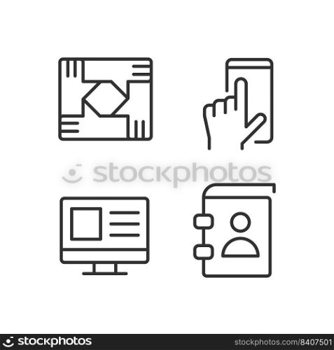 Business processes pixel perfect linear icons set. Digital technology. Cooperation and organization. Customizable thin line symbols. Isolated vector outline illustrations. Editable stroke. Business processes pixel perfect linear icons set