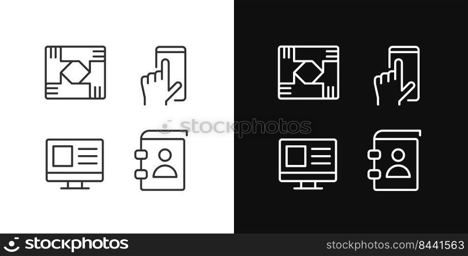 Business processes pixel perfect linear icons set for dark, light mode. Technology. Cooperation and organization. Thin line symbols for night, day theme. Isolated illustrations. Editable stroke. Business processes pixel perfect linear icons set for dark, light mode