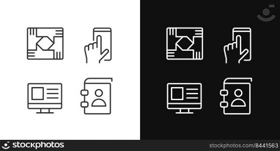 Business processes pixel perfect linear icons set for dark, light mode. Technology. Cooperation and organization. Thin line symbols for night, day theme. Isolated illustrations. Editable stroke. Business processes pixel perfect linear icons set for dark, light mode