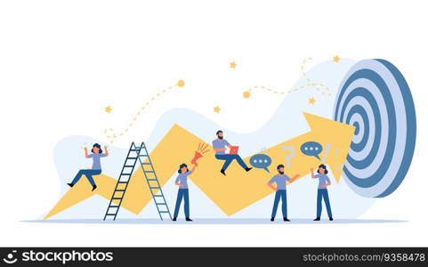 Business progress man and woman vector success challenge employee. Journey job target action career illustration. Review finance work plan concept flat marketing promotion. Arrow growth up banner goal