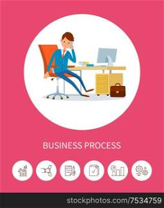Business progress man working on laptop device vector. Director manager, chief executive working in office, person talking on phone with clients customers. Business Progress Man Working on Laptop Device