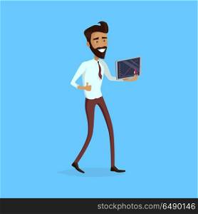 Business Progress Success Concept Illustration.. Business success illustration. Flat Design. Growth of value indexes. Good day on the stock exchange concept. Happy smiling man with tablet enjoying his success. Modern online trading technology.