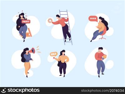 Business project. Characters managers startup success investors presentation marketing garish vector flat illustrations. Man and woman development startup project. Business project. Characters managers startup success investors presentation marketing garish vector flat illustrations