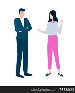 Business project discussion vector, man and woman at meeting at coffee break isolated workers wearing formal clothes. Male and female talking at work. Businessman and Businesswoman Discussing Business