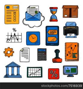 Business project, financial reports with charts and diagrams, smartphone with messages, computer monitor, delivery box, calculator, email, bank, percent and gear signs, rubber stamp, hourglass and wall clock colorful sketch symbols. Business, office, financial symbols, sketch style