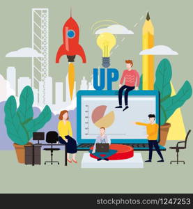 Business project launch, process ideas from concept to implementation, project consolidation, planning, team of specialists, illustration, vector. Business project launch, process ideas from concept to implementation, project consolidation, planning, team of specialists, illustration, vector, isolated