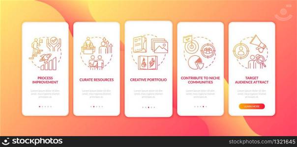 Business project onboarding mobile app page screen with concepts set. Focusing on consumer. Marketing work walkthrough 5 steps graphic instructions. UI vector template with RGB color illustrations