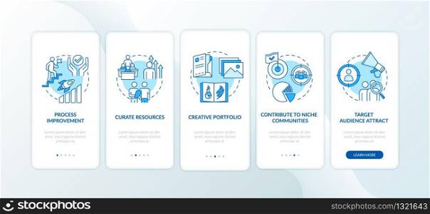 Business project onboarding mobile app page screen with concepts set. Target segment. People collaboration walkthrough 5 steps graphic instructions. UI vector template with RGB color illustrations