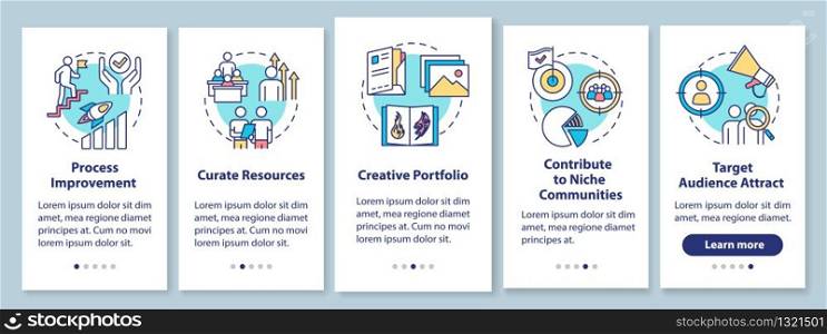 Business project onboarding mobile app page screen with concepts. Work on product. Project management walkthrough 5 steps graphic instructions. UI vector template with RGB color illustrations