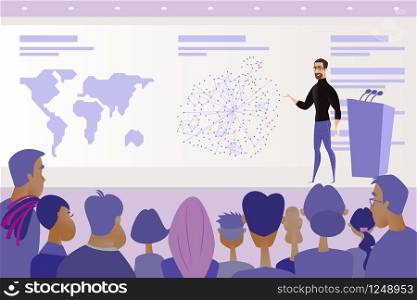 Business Project or IT Product Presentation, Company Shareholder Report or Science Conference Cartoon Vector Concept with Speaker Standing on Stage in Front of Public Audience, Explaining Infographics
